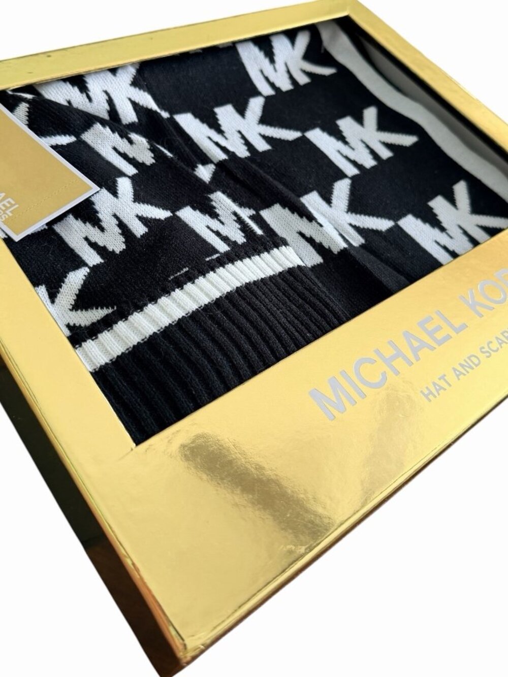 Michael Kors 2 Pc Signature MK Logo Knit Scarf & Hat Gift Box Set Black White